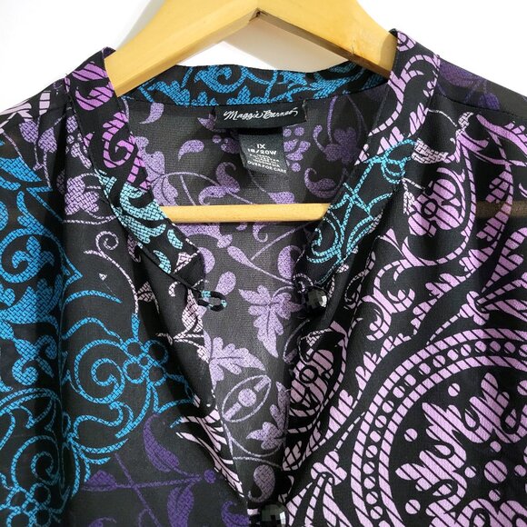 Maggie Barnes Womens Long Sleeve Toggle Button Tunic Size 1X Purple Floral Artsy - Picture 3 of 8